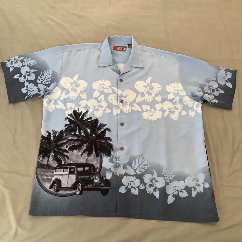 Pineapple Connection Shirt Mens XL Blue Hawaiian Car Short Sleeve Button Front